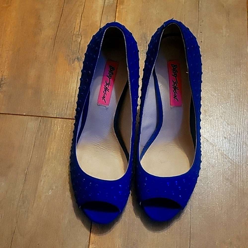 Womans "Betsey Johnson", Blue with blue Rhinestones, High heels size 7.5